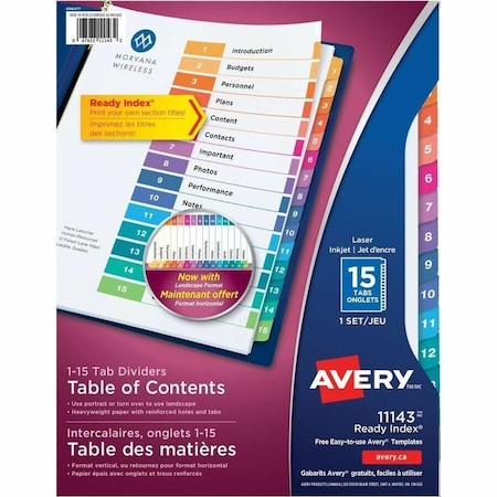 Avery Dennison Avery Ready Index T.O.C. Reference Divider, 1 to 15, 8.5"x11", 15 Tabs, White/Multi 11143