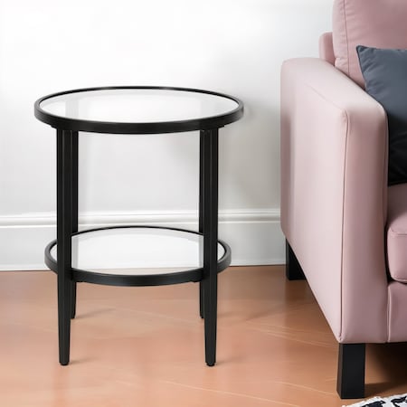 Homeroots 24" Black And Clear Glass And Steel Round End Table With Shelf 544167