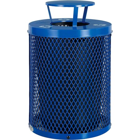 Global Industrial Outdoor Diamond Steel Recycling Trash Can, Rain Bonnet Lid, 36 Gallon, Blue B3178691