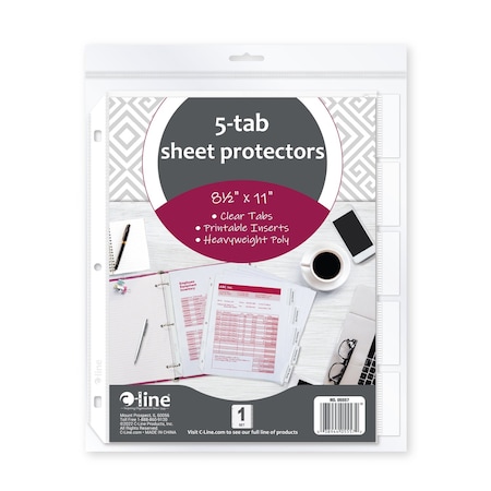 C-Line Products 8-1/2" x 11" Heavyweight Poly Sheet Protectors with 5 Index Tabs, 5/ST 12ST/+BX 5BX/CT 05557-BX