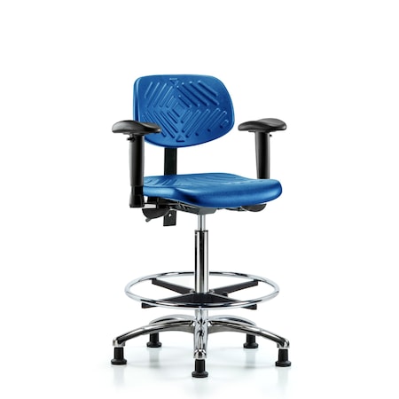 Blue Ridge Ergonomics Poly Chair Chrome, High Bench, Arms, Foot Ring, Glides, Blue BR-PHBCH-CR-T0-A1-CF-RG-BLU