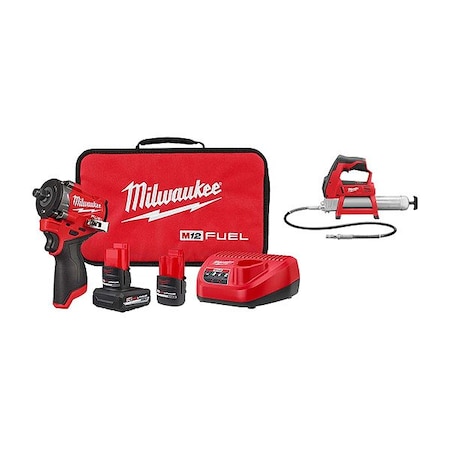 Milwaukee Tool M12 FUEL Impact Wrench + M12 Grease Gun 2563-22, 2446-20