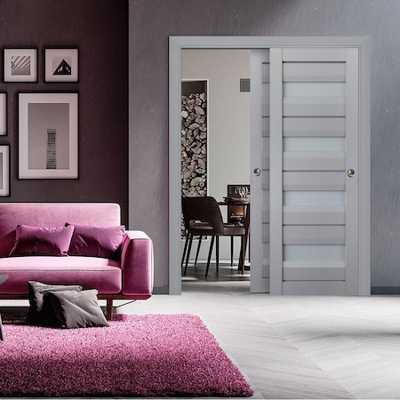 Sartodoors Sliding Closet Bypass Doors with Frosted Glass Grey 36x84 (2* 18x84) Solid Core Modern Interior VEREGIO7455DBD-GRE-3684