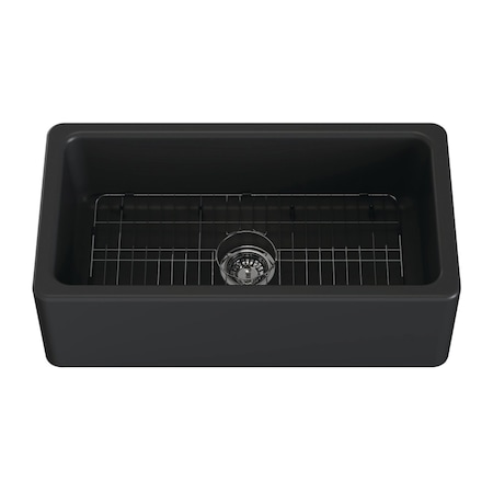 Kingston Brass 33" Fireclay Single Bowl Farmhouse Kitchen Sink with Bottom Grid and Strainer, Matte Black KGPF331810KBC