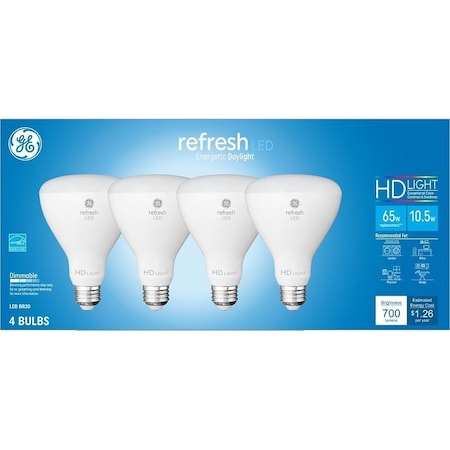 Ge 93110833 LED Bulb, Flood/Spotlight, BR30 Lamp, 65 W Equivalent, Medium Lamp Base, Dimmable, PK4 93129890/93110833