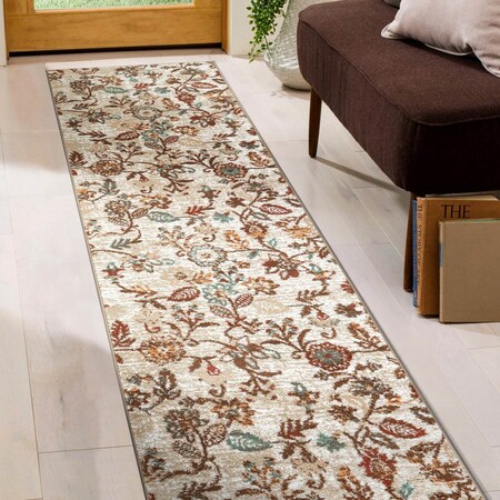 World Rug Gallery Vine Floral Runner Rug 2 ft 3 in x 8 ft Beige WR145BEIGE2X8