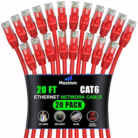 Maximm Cat6 Ethernet Cable 20ft 10Gbps 550MHz UTP, 20PK, Red, 20PK CAT6CCA-20RD-20PK
