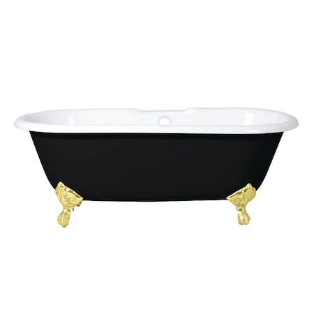Kingston Brass 66" Cast Iron Oval Double Ended Clawfoot Tub, 7" Faucet Drillings, Black/White/Polished Brass VBT7D663013NB2