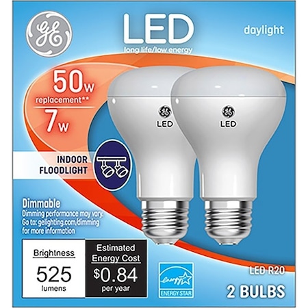 Ge Light Bulb, Directional, R20 Lamp, 50 W Equivalent, Medium Lamp Base, Dimmable, Clear, PK2 93116049