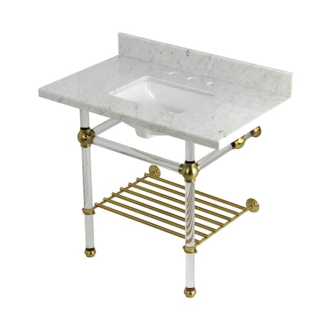 Kingston Brass 36-Inch Carrara Marble Console Sink with Acrylic Legs and Shelf, 8-Inch, 3-Hole KVPB3630MASQB7