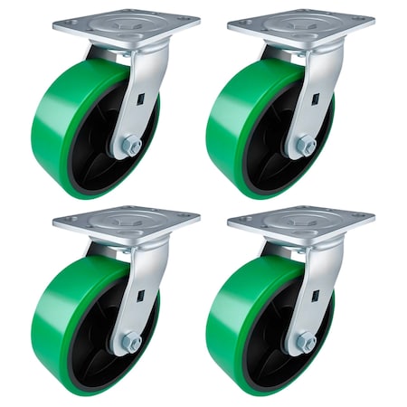 Hyw Products Heavy Duty Caster Set 6in Green Polyurethane on Cast Iron Wheels, 4 Swivel, 4PK 40-60S-A1-PC-4 (G)