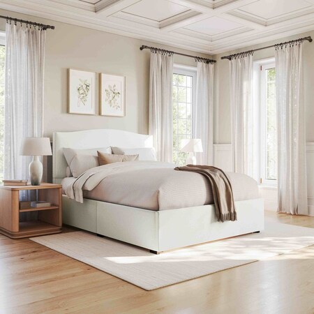 Martha Stewart Nyla Queen Upholstered Platform Bed with Curved Nailhead Headboard and Footboard Storage Drawer XH-8529-Q-WH-MS