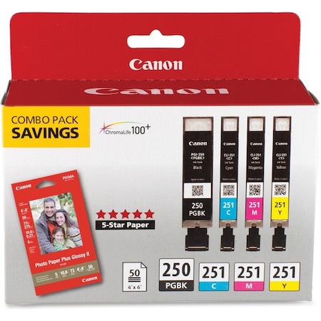 Canon PGI-250/CLI-251 Original Inkjet Ink Cartridge/Paper Kit - Combo Pack - Pigment Black, Cyan, 4PK 250BK/CLI251