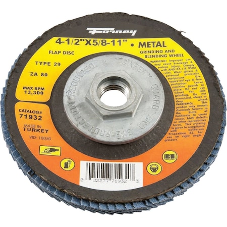 Forney 4-1/2'' x 5/8''-11 80-Grit Type 29 Blue Zirconia Angle Grinder Flap Disc 71932
