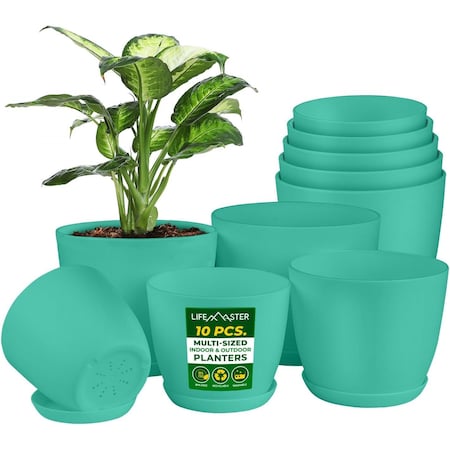 Lifemaster Planter Pots with Drainage Holes, Lightweight, Durable, Space-Saving, Aqua, 10PK LMFLOPAQA510