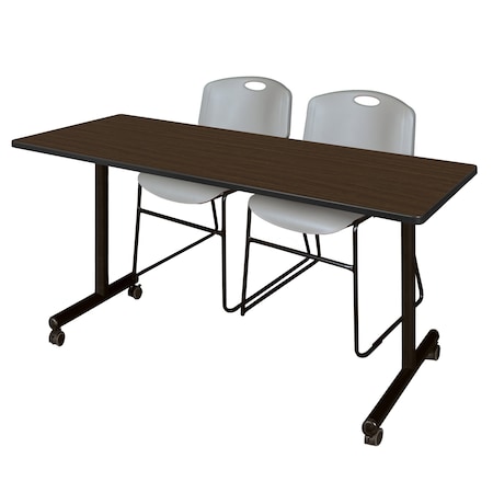 Regency Kobe Mobile T-Base Training Table W/ 2 Zeng Stack Chairs, 60 in W, 24 in L, Neo Walnut MKTRCC6024NW44GY