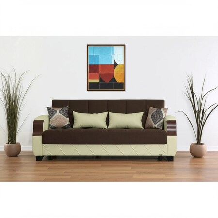 Homeroots 89" Brown And Cream Microsuede And Faux Lthr Convertible Futon Slpr Sofa And Toss Pillows w/Storage 607181
