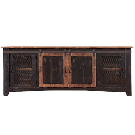 Homeroots 79" Black Solid Wood Cabinet Enclosed Storage Distressed TV Stand 528711