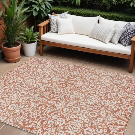 Homeroots 8' X 10' Coral And Ivory Damask Washable Indoor Outdoor Area Rug 595130