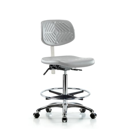 Blue Ridge Ergonomics Class 100 Poly Clean Room Chair-High Bench Ht with Seat Tilt, Chrome Foot Ring, &Casters in Gray Poly NCR-PHBCH-CR-T1-A0-CF-CC-GRY
