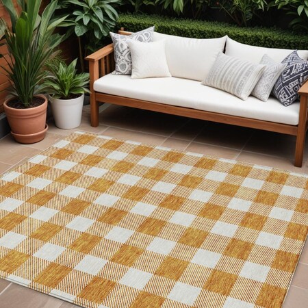 Homeroots 9' X 12' Orange And Beige Plaid Washable Indoor Outdoor Area Rug 595419