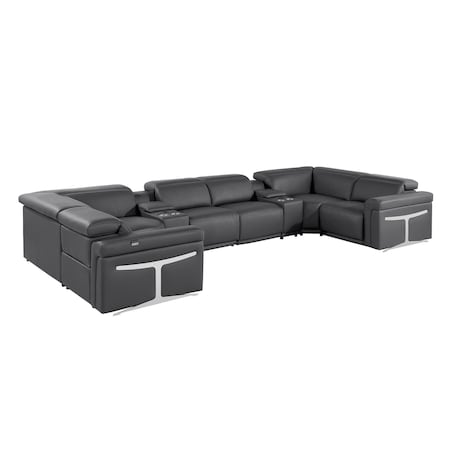 Homeroots Dark Gray Italian Leather Power Reclining U Shaped Eight Piece Sectional With Console 634666
