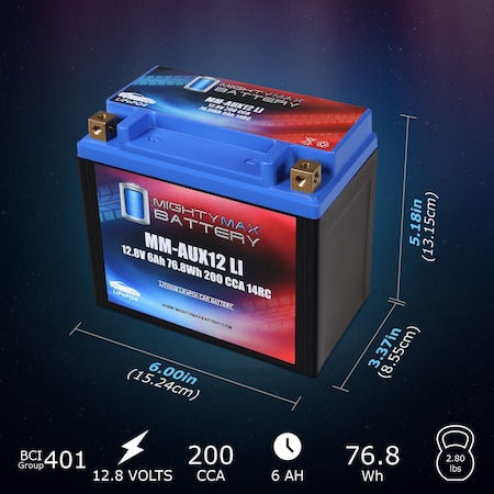 Mighty Max Battery MM-AUX12LI Auxiliary Car Lithium Battery LiFePO4 12.8V 6Ah 200 CCA 14RC MAX4175460