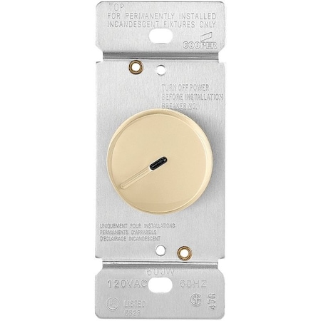 Eaton Wiring Devices Rotary Dimmer, 120 V, 600 W, Halogen, Incandescent Lamp, 3-Way, White RI06PL-V-K