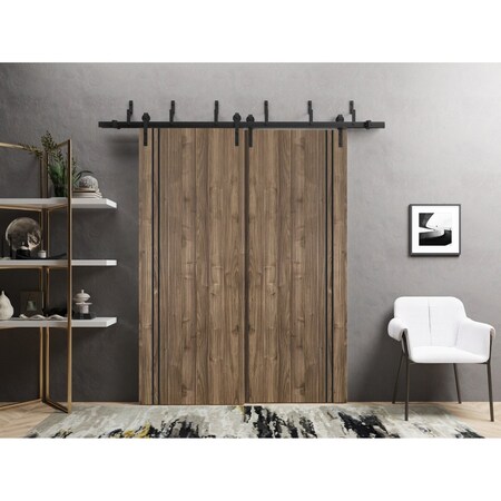 Sartodoors Barn Bypass Doors with 6.6ft Hardware, Planum 0016 Walnut and Aluminum Strips, Sturdy Heavy Duty Ra PLANUM0016BBB-WLN-6096