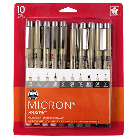 Sakura Pigma Micron Pens, Black & Grays, Assorted Sizes, 10-Piece Set, Blister Card 50166