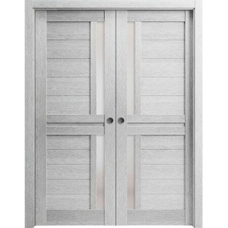 Sartodoors Sliding French Dbl Pocket Doors 36 x 84in, Light Grey Oak W/ Frosted Glass, Kit Trims Rail Hardware VEREGIO7288DP-OAK-3684