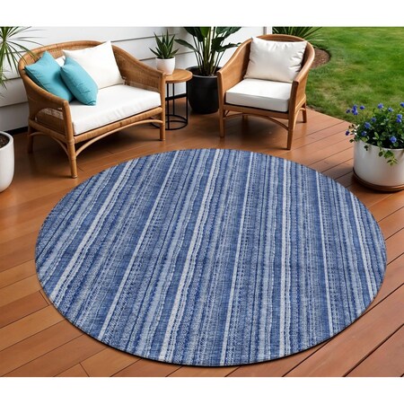 Homeroots 8' Denim Blue And Ivory Round Striped Washable Indoor Outdoor Area Rug 615045
