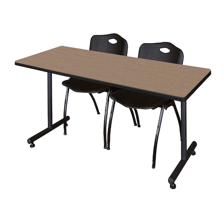 Regency Kobe T-Base Training Seminar Table W/ 2 M Stack Chairs, 72 in W, 30 in L, Noble Oak MKTRCT7230NO47BK