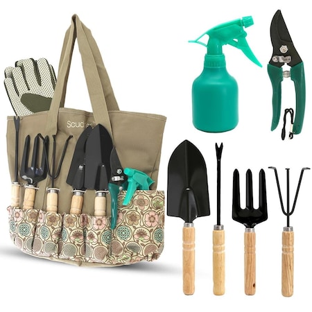Scuddles 8-Piece Garden Tool Set with Bag, Stainless Steel Tools, Wooden Handles and Soft Poly-Cotton Gloves SCGB2