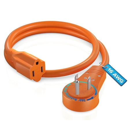 Maximm 1ft 16AWG 360 degrees Flat Plug Extension Cord, 3-Prong Grounded, UL, Orange ADW-360-3101-O