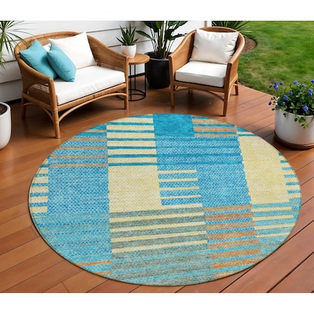 Homeroots 8' Teal Blue Orange And Sky Blue Round Striped Washable Indoor Outdoor Area Rug 613177