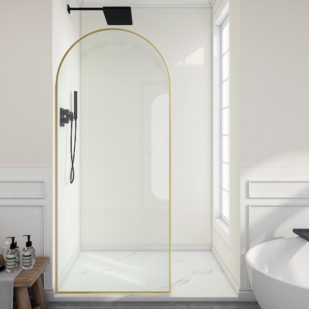 Anzzi Ember Series 74x 34in Framed Arch Fixed Shower Screen Door, Brushed Gold, 8mm Tempered Clear Glass SD-AZ18-01BG