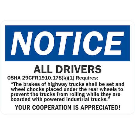 Lyle All Drivers, OSHA 29CFR1901.178(k)(1) Requires, The Brakes, 10x7, Non-Reflective, White  G-1711-ND_10x7