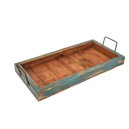 Homeroots 21in Natural And Turquoise Solid Wood Handmade Serving Tray With Handles 724227