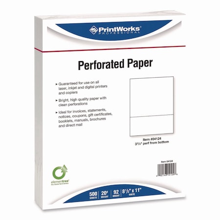 Printworks Professional Perforated Paper, 92 Bright, Perforated 3.66in from Bottom, 8.5 x 11, White, 2500PK 04124P