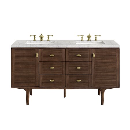 James Martin Vanities Amberly 60'' D Vanity, Mid-Century Walnut w/ Jasmine Pearl Top w/FreePower Wireless Charger 670-V60D-WLT-FEJP