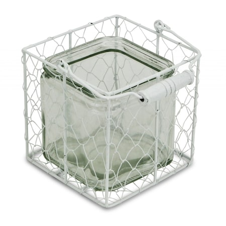 Homeroots 5.5" White and Clear Wire Basket Glass Jar 488164