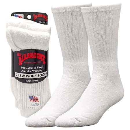 Railroad Sock Mens Crew Socks, 85% Cotton, 15% Nylon, White, 6-12 M, 3 PK 6030