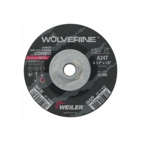 Weiler Wolverine, Combo Wheel, 4-1/2 in dia, 1/8 Thick, 5/8 in - 11 UNC Arbor, 24 Grit, 10PK 804-56429