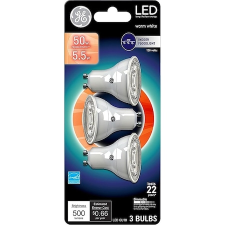 Ge Floodlight Bulb, Recessed, MR16 Lamp, 50 W Equivalent, GU10 Lamp Base, Dimmable, PK3 93120813