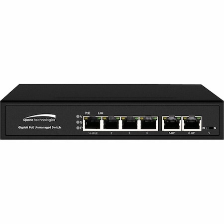 Speco Technologies 6-port switch, 4-port PoE Full Gigabit, 802.3 af/at, PoE Watchdog P4S6G