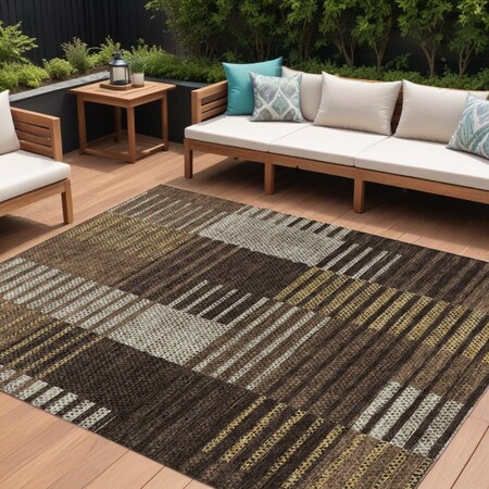 Homeroots 8' X 10' Chocolate Ivory And Gold Striped Washable Indoor Outdoor Area Rug 613160