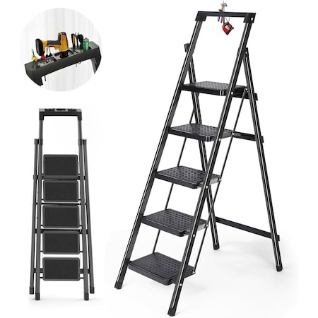 Wrightmaster 5-Step Iron Step Stool (9 ft. Reach), 330 lb. Load Capacity, with Workbench and Anti-Slip Pedals ZR-C5-BLACK