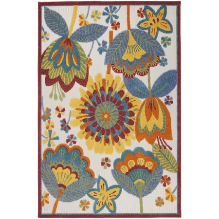6' X 9' Ivory Blue Orange Red And Yellow Floral Indoor Outdoor Area Rug