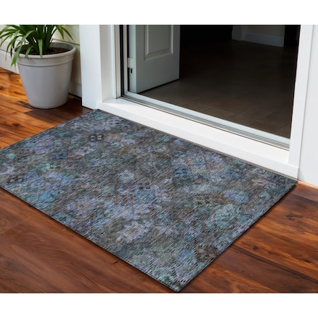 Homeroots 3' X 5' Teal Blue And Charcoal Floral Washable Indoor Outdoor Area Rug 604162